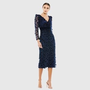 MAC DUGGAL 67856 NWT Embellished V Neck Illusion Long Sleeve Column Midi